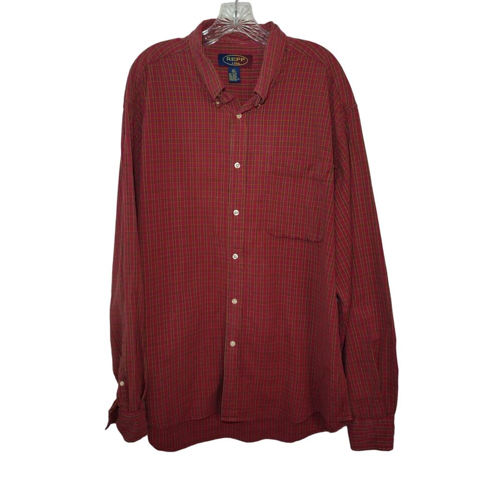REP Ltd Mens Button Down Shirt Long Sleeves Pocket Collared Plaid Red Size XLT